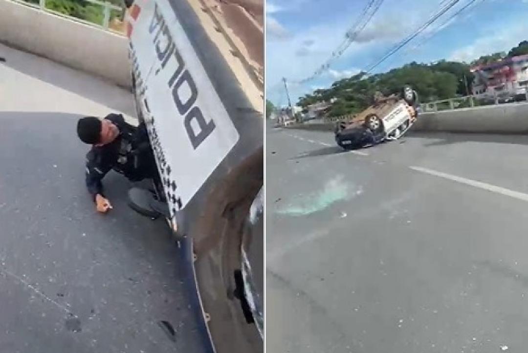 Viatura da PM capota em ponte entre Cuiabá e Várzea Grande