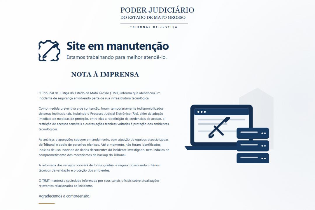 TJMT suspende prazos e expediente após incidente de segurança tirar sistemas do ar
